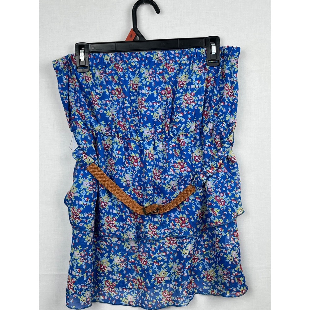 Almost Famous Strapless Floral Tiered Tube Top Womens XL Blue Braided Belt